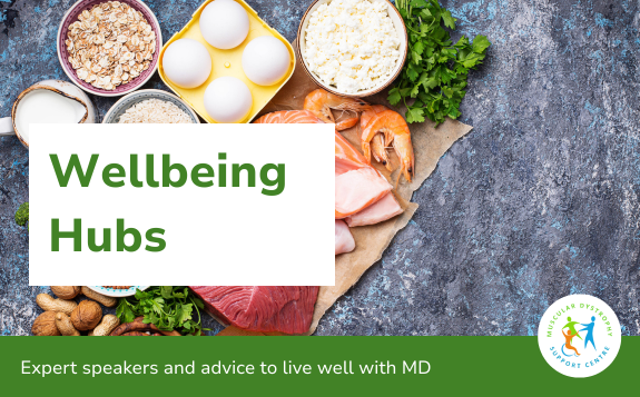 Wellbeing Hubs Wellbeing Hubs banner with healthy foods, including eggs, fish and grains, and the text: “Wellbeing Hubs: Expert speakers and advice to live well with MD.”